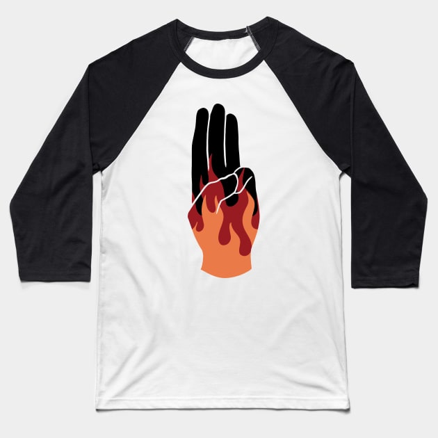 Fire Mockingjay Salute -  Hunger Games Baseball T-Shirt by maya-reinstein